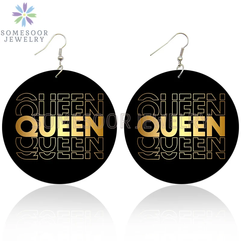 SOMESOOR Inspired Sayings Women Wooden Drop Earrings Black Blessed Dope Queen Faith BABE Hustle Squad Big Circle Dangle Jewelry