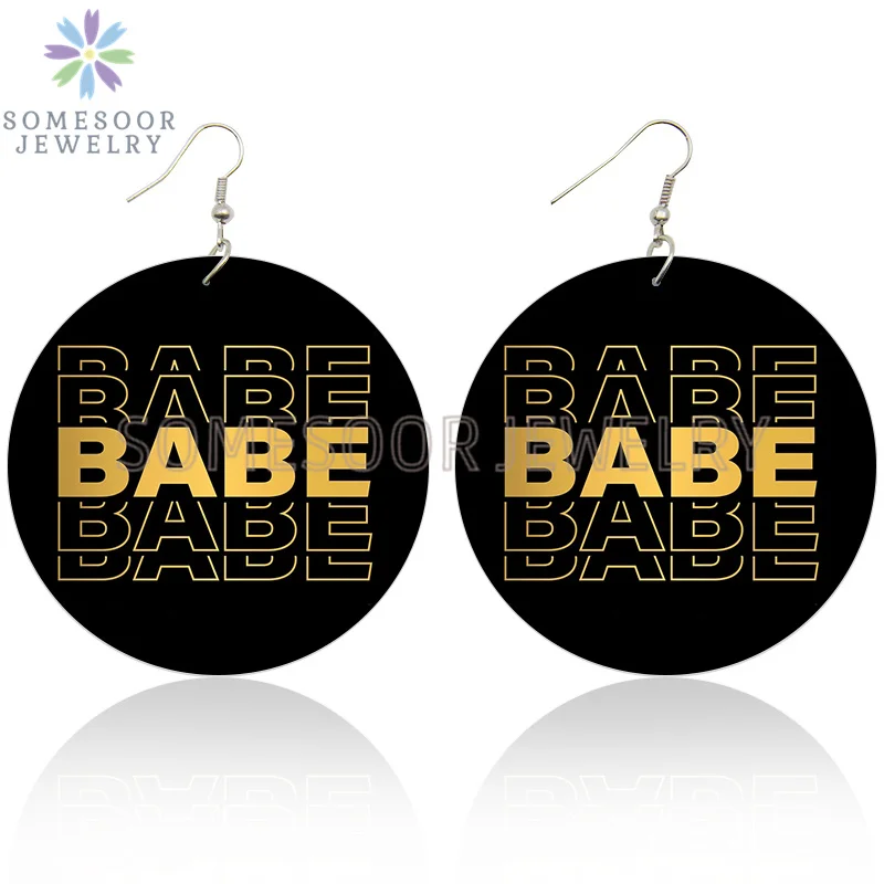 SOMESOOR Inspired Sayings Women Wooden Drop Earrings Black Blessed Dope Queen Faith BABE Hustle Squad Big Circle Dangle Jewelry