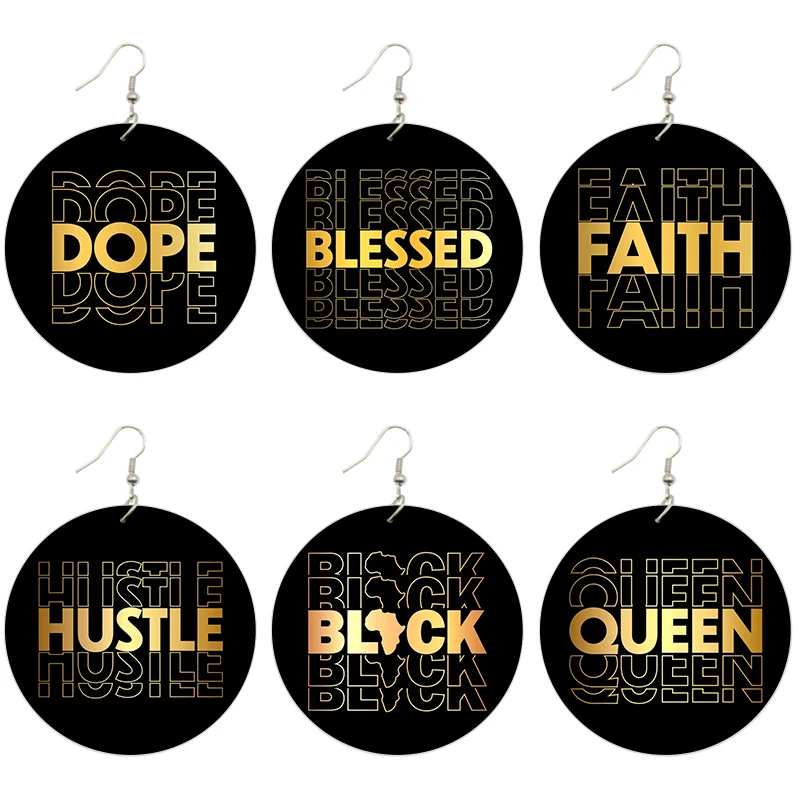 SOMESOOR Inspired Sayings Women Wooden Drop Earrings Black Blessed Dope Queen Faith BABE Hustle Squad Big Circle Dangle Jewelry