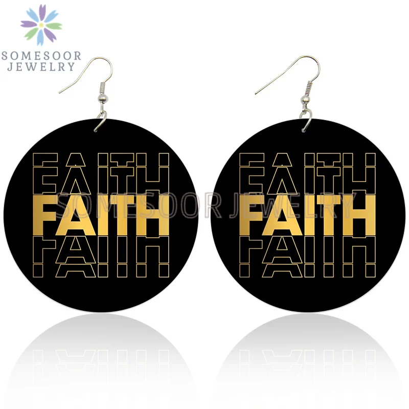 SOMESOOR Inspired Sayings Women Wooden Drop Earrings Black Blessed Dope Queen Faith BABE Hustle Squad Big Circle Dangle Jewelry