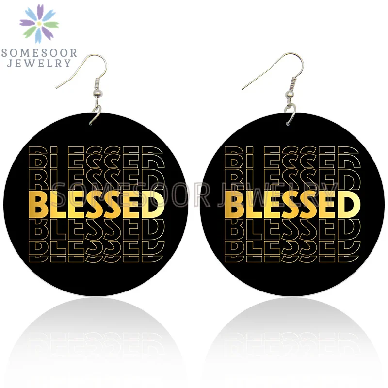 SOMESOOR Inspired Sayings Women Wooden Drop Earrings Black Blessed Dope Queen Faith BABE Hustle Squad Big Circle Dangle Jewelry