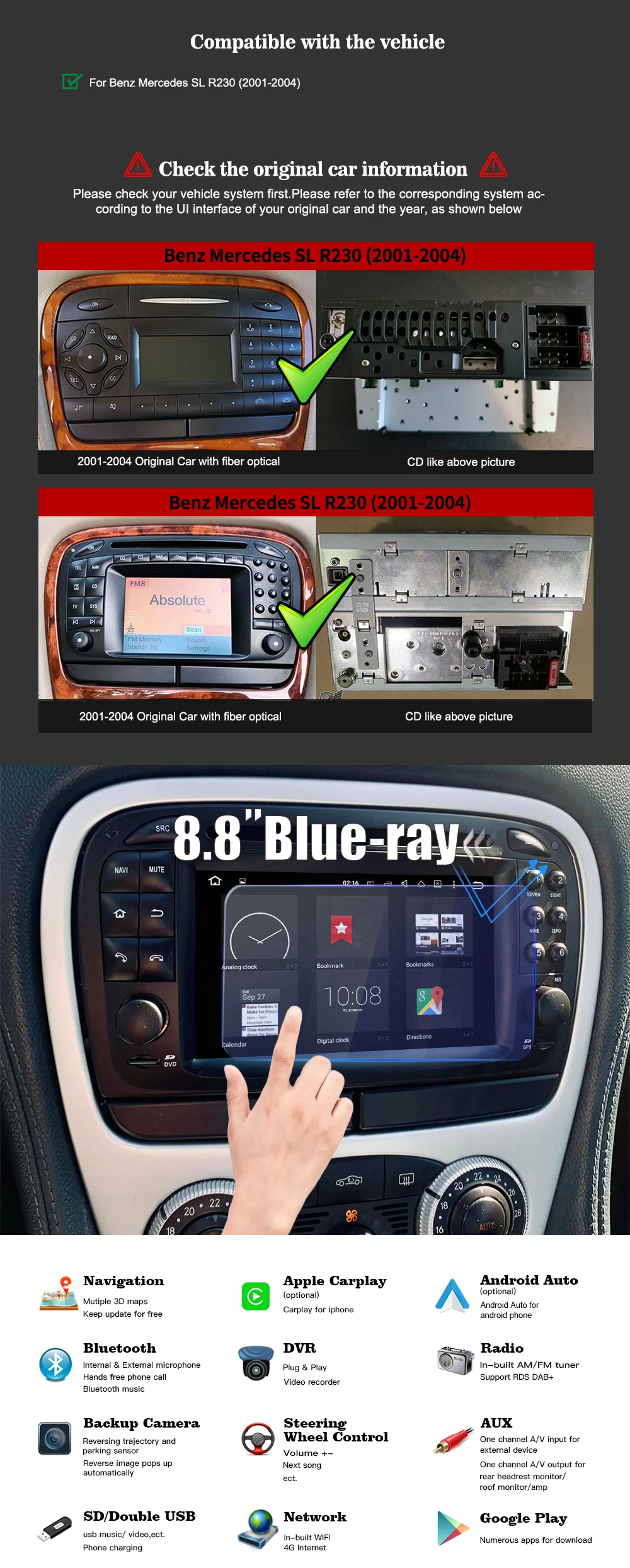 Hualingan for Mercedes SL R230 Radio SL350 SL500 SL55 SL600 SL65 6.2 "Touch Screen Car Stereo Android Auto CarPlay Head Unit DVD