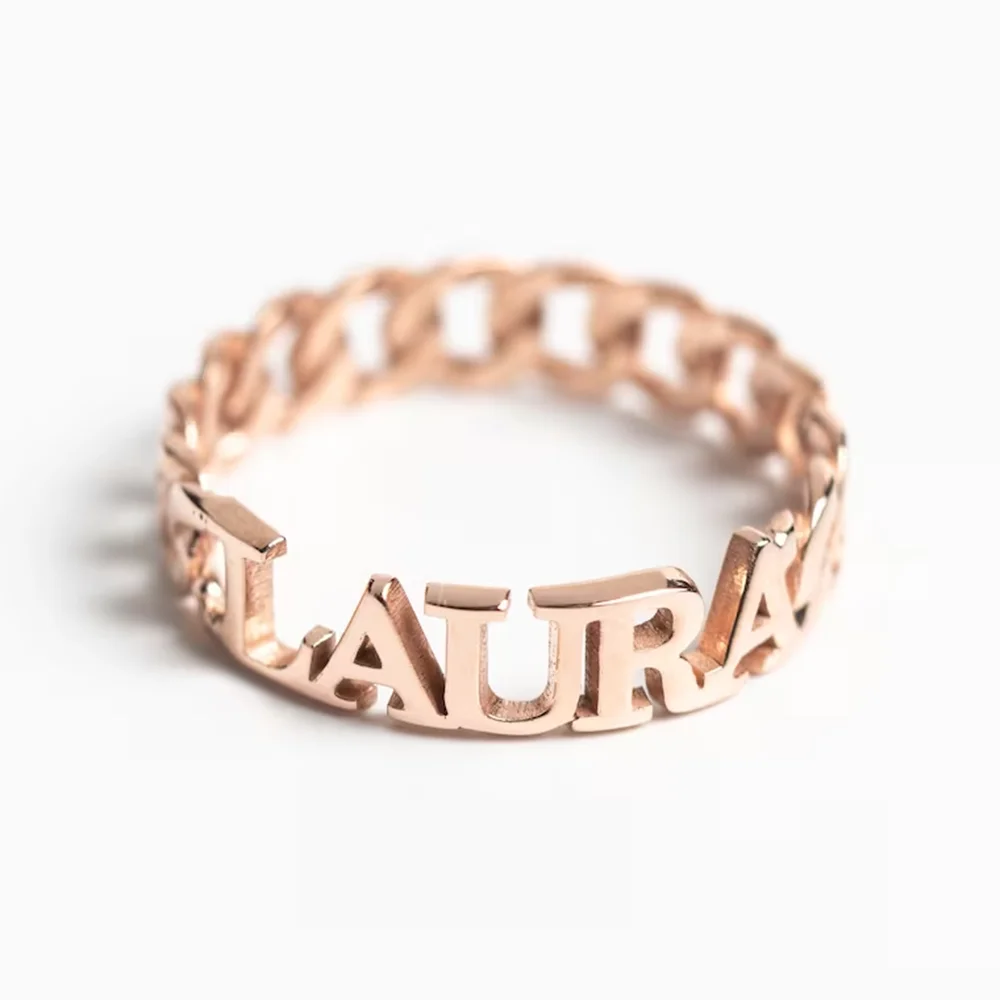 GoldButterfly Personalized Cuban Chain Name Ring Custom Curb Link Name Ring Men Women Stainless Steel Jewelry Gifts