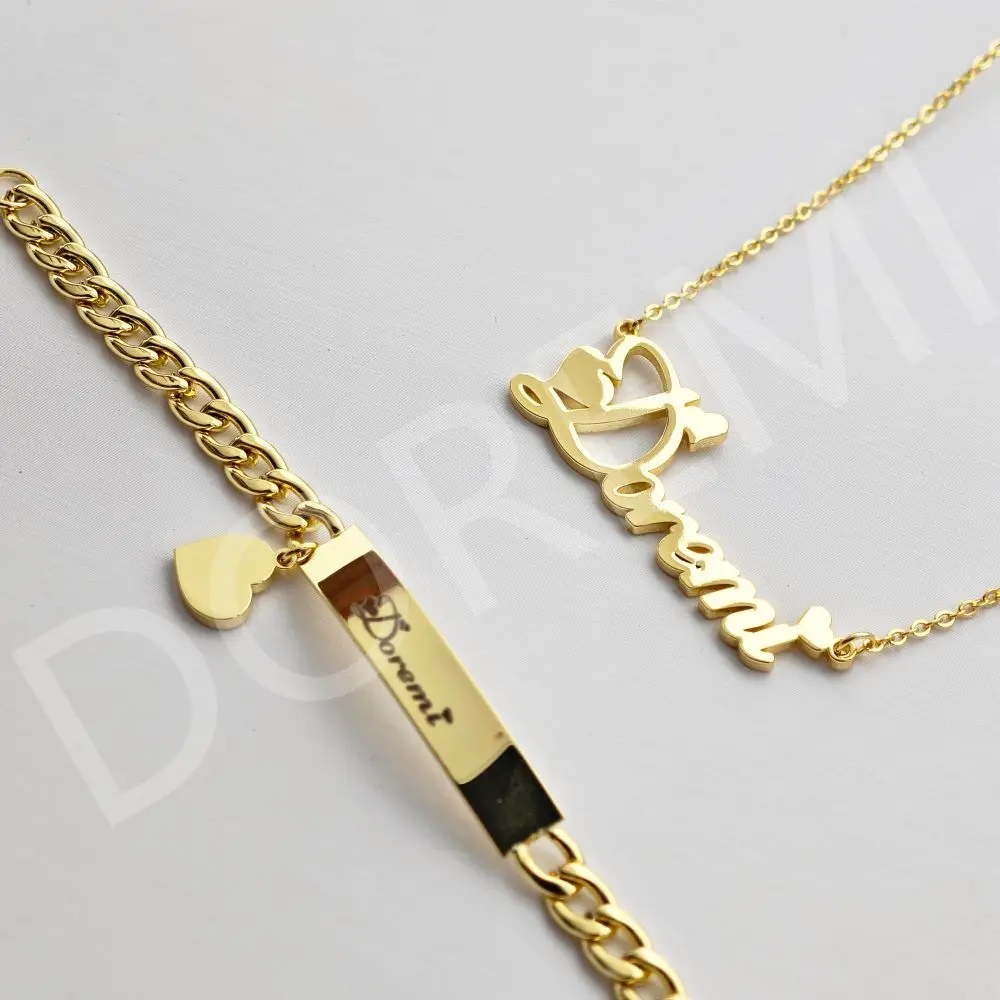 DOREMI Girls Kids Jewelry Set Custom Name Heart Font Necklace Engrave Bracelet 18mm Earring Women Personalized Kids Jewelry