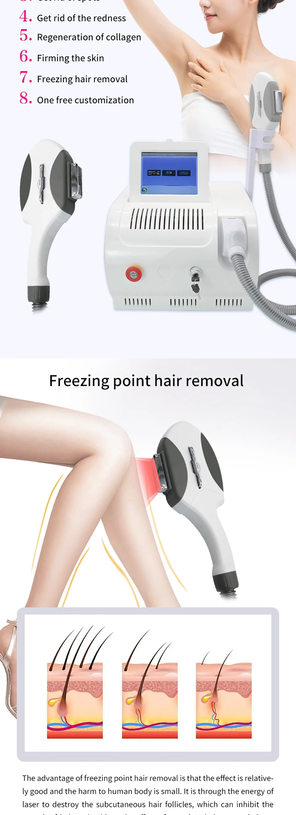 500,000 Shoots OPT Painless IPL Ice E Light 8 Filters Anti-Aging Cooling System Photonic Rejuvenation Hair Removal Machine Salon