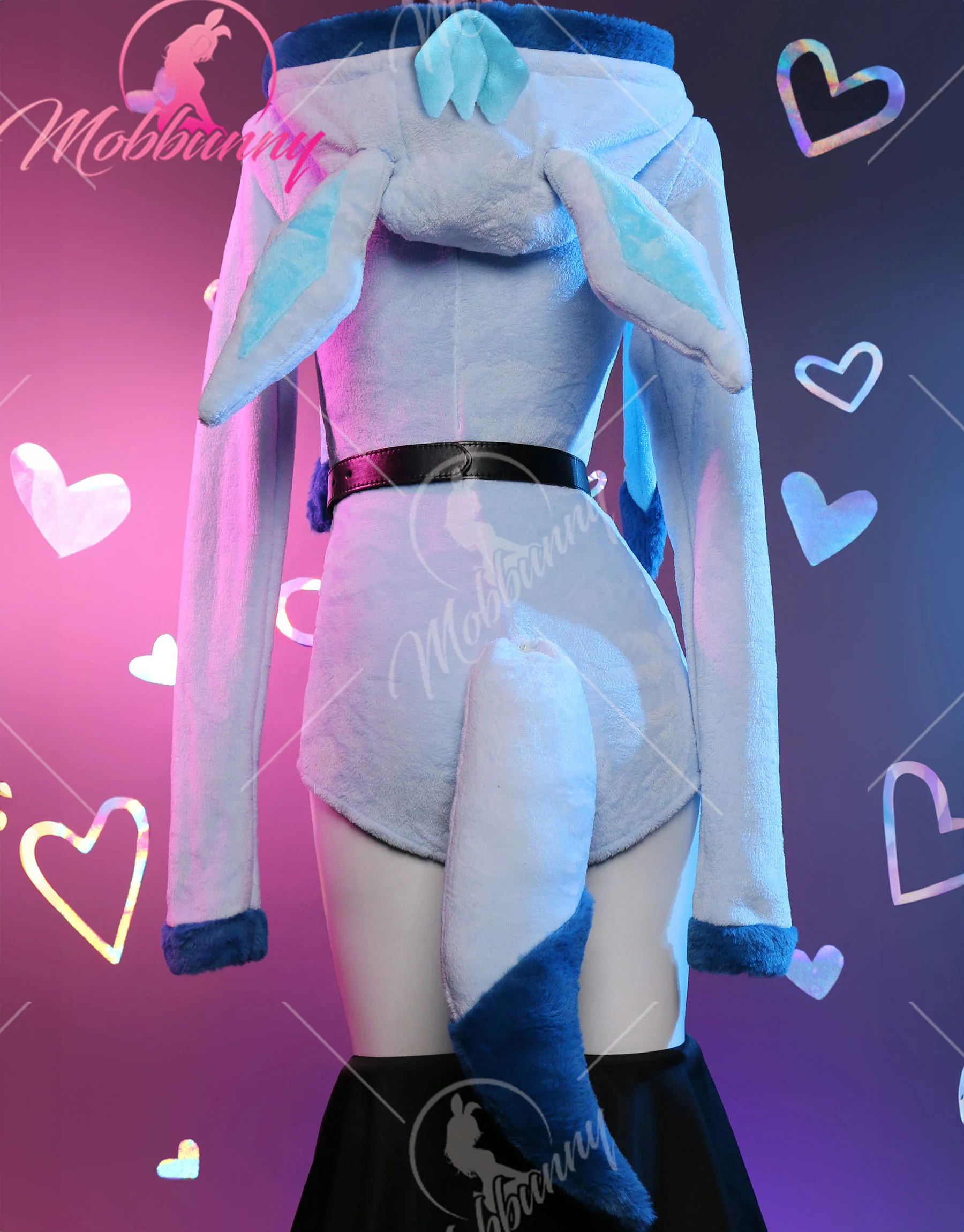 Mobbunny PM Derivative Cosplay Costume Fluffy Bodycon Romper Blue Furry Lingerie Hooded Bodysuit Homewear with Tail and Socks