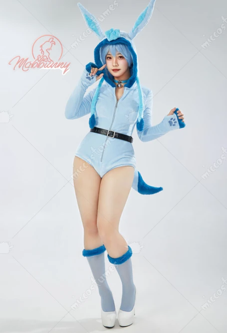 Mobbunny PM Derivative Cosplay Costume Fluffy Bodycon Romper Blue Furry Lingerie Hooded Bodysuit Homewear with Tail and Socks