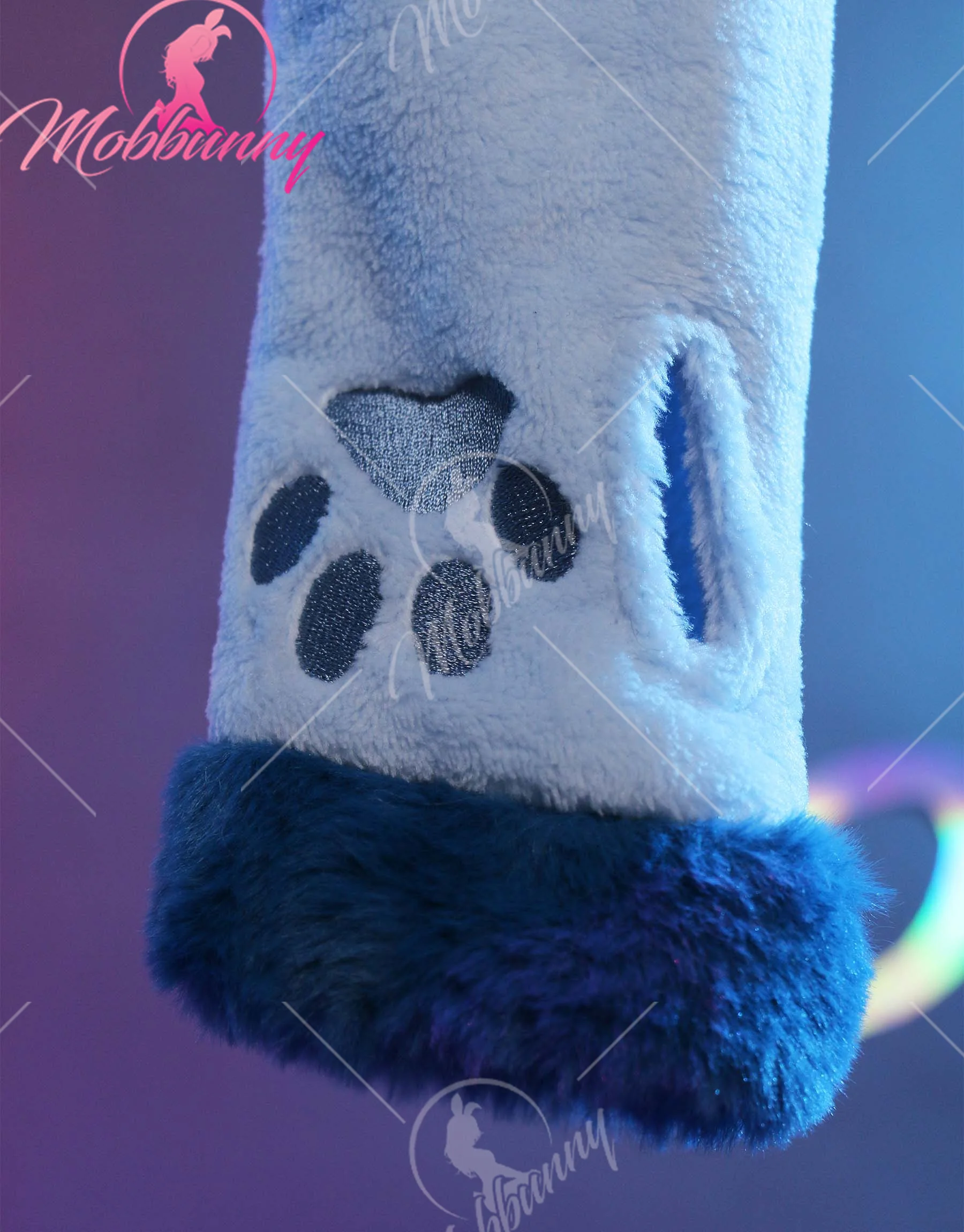 Mobbunny PM Derivative Cosplay Costume Fluffy Bodycon Romper Blue Furry Lingerie Hooded Bodysuit Homewear with Tail and Socks