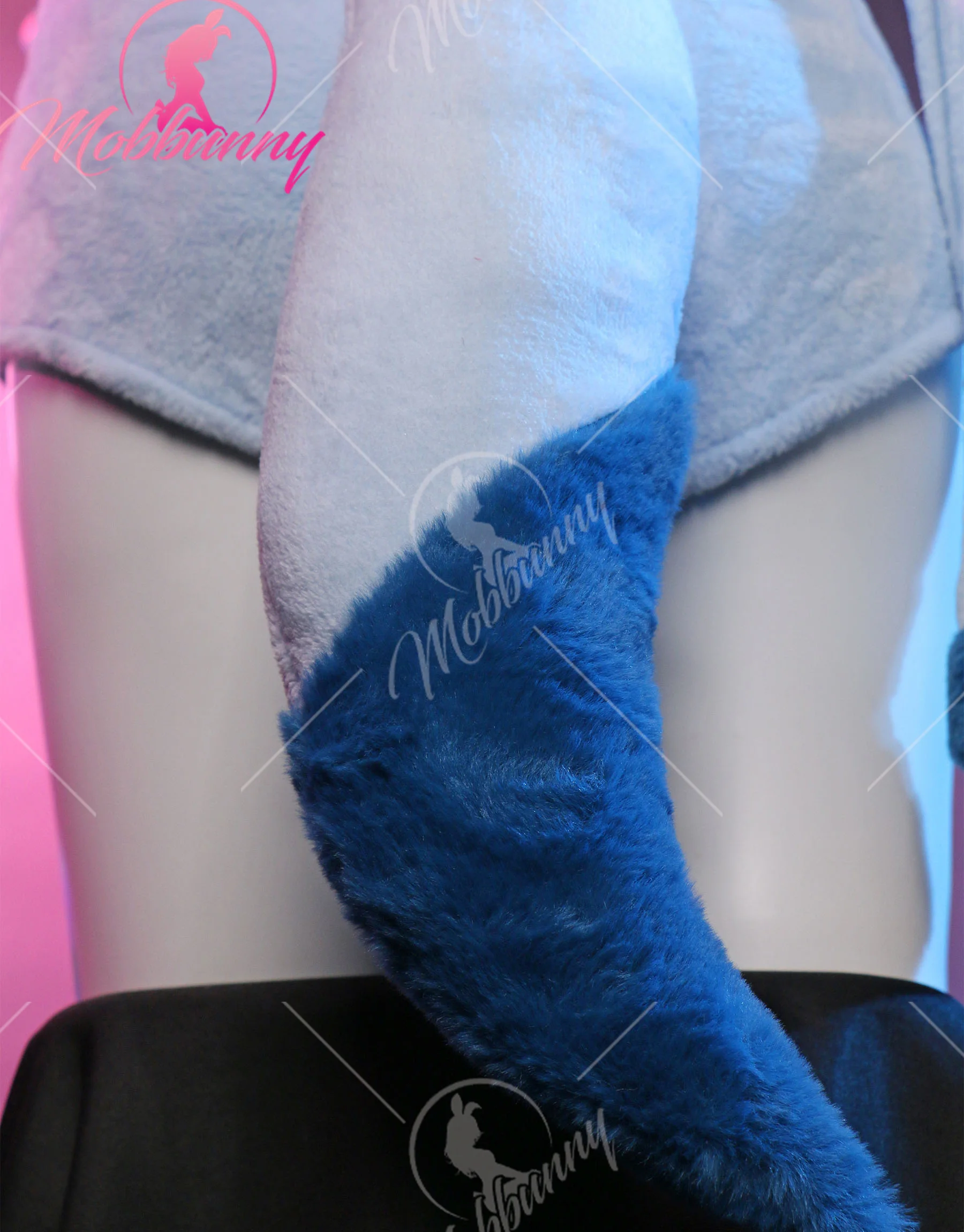 Mobbunny PM Derivative Cosplay Costume Fluffy Bodycon Romper Blue Furry Lingerie Hooded Bodysuit Homewear with Tail and Socks