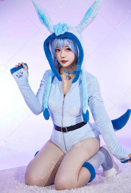 Mobbunny PM Derivative Cosplay Costume Fluffy Bodycon Romper Blue Furry Lingerie Hooded Bodysuit Homewear with Tail and Socks