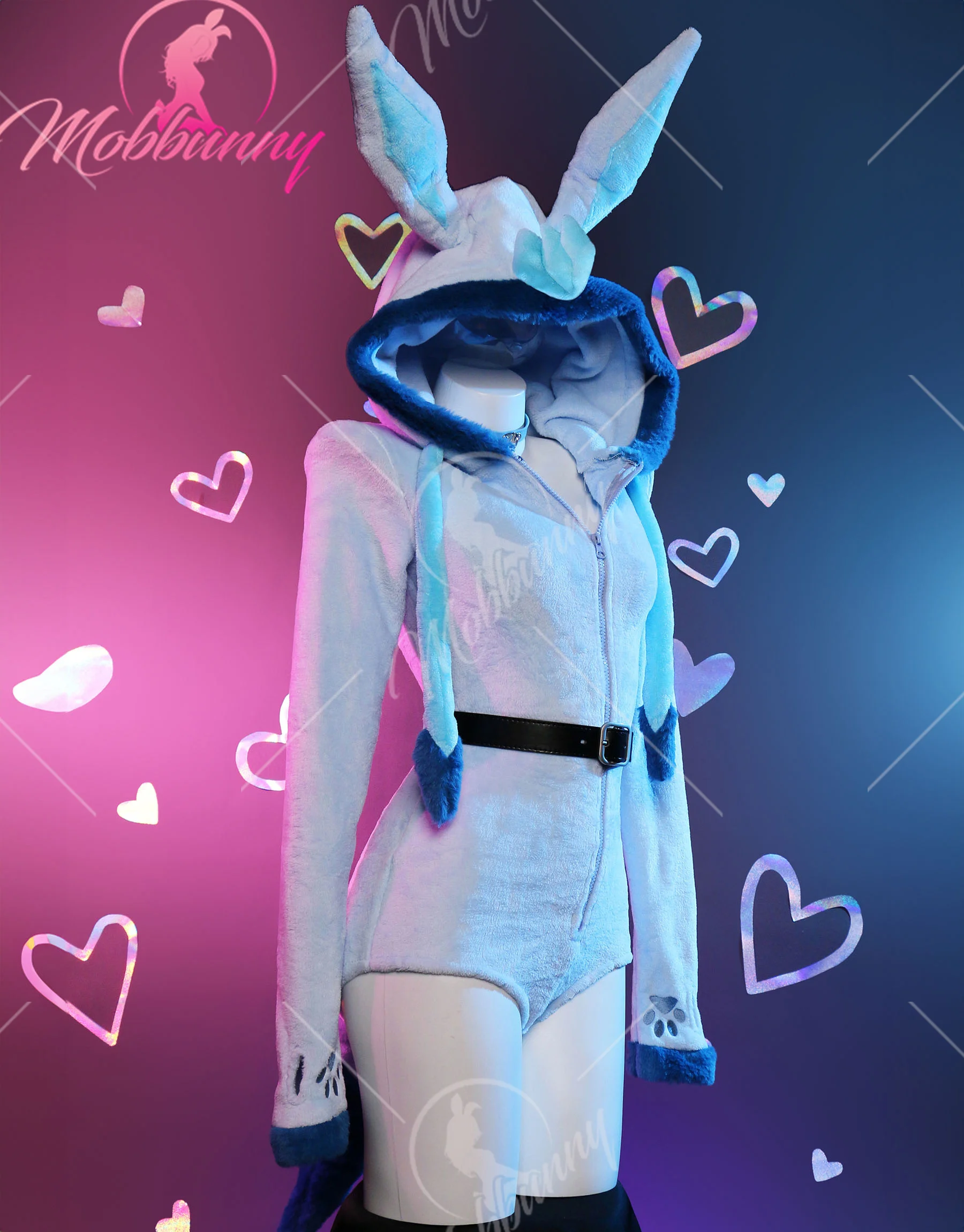 Mobbunny PM Derivative Cosplay Costume Fluffy Bodycon Romper Blue Furry Lingerie Hooded Bodysuit Homewear with Tail and Socks