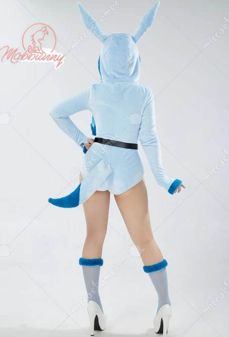Mobbunny PM Derivative Cosplay Costume Fluffy Bodycon Romper Blue Furry Lingerie Hooded Bodysuit Homewear with Tail and Socks