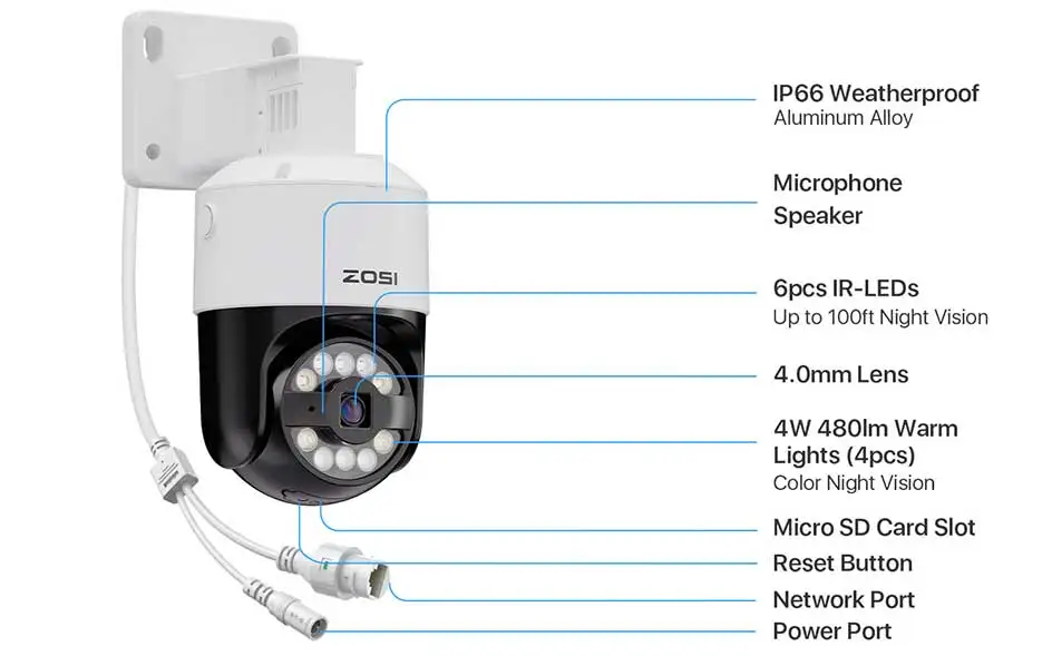 ZOSI C296 2PK/4PK 8MP PoE PTZ Camera Outdoor with Human Vehicle Detection 4K Color Night Vision Surveillance IP Security Camera