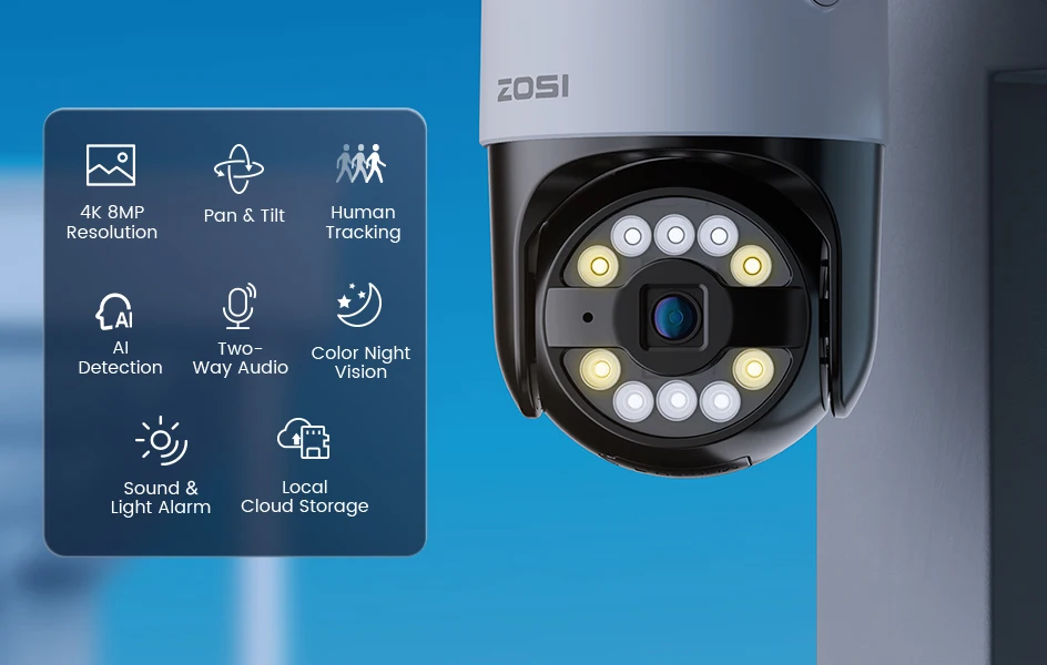 ZOSI C296 2PK/4PK 8MP PoE PTZ Camera Outdoor with Human Vehicle Detection 4K Color Night Vision Surveillance IP Security Camera