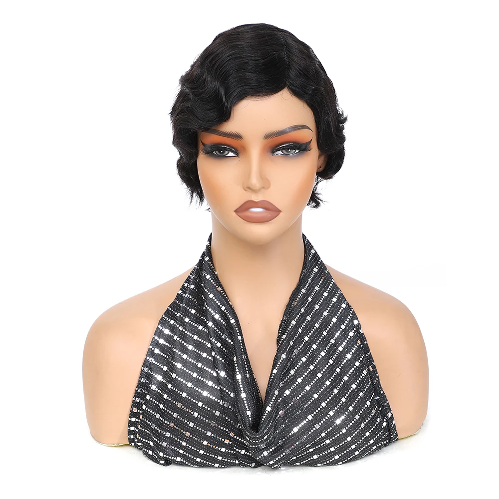 Short Finger Wavy Wig Curly Black Cute Wig Real African Black Wigs for Women Mommy Wig Is Looks Natural (1B Black)