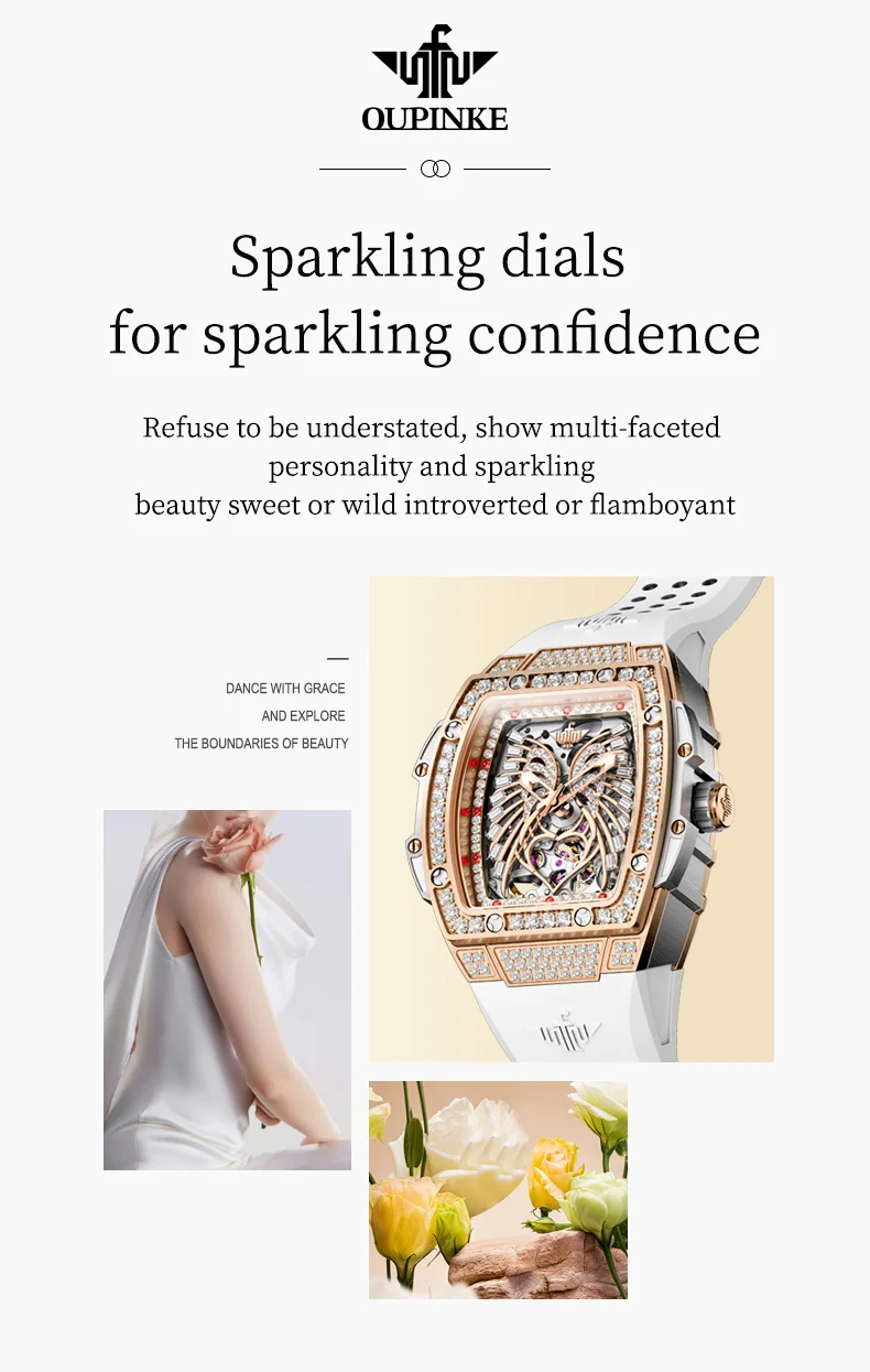 OUPINKE 3225 Women's Watch Luxury Brand All Diamond Automatic Mechanical Watch Classic Silicone Waterproof Elegant Women's Watch