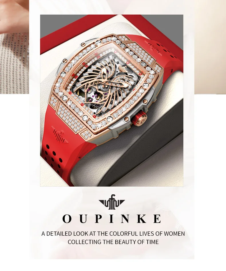 OUPINKE 3225 Women's Watch Luxury Brand All Diamond Automatic Mechanical Watch Classic Silicone Waterproof Elegant Women's Watch