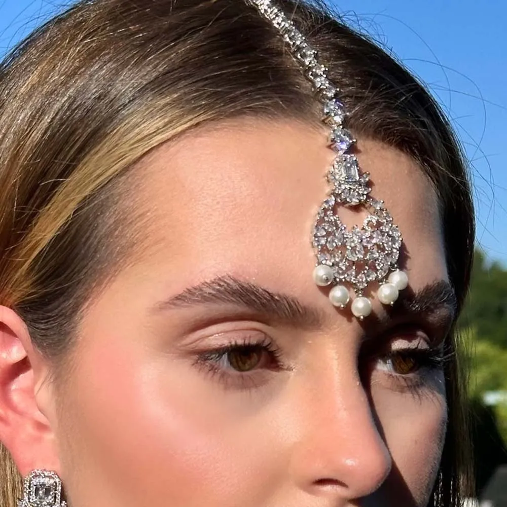 Stonefans Pearl Head Chain Boho Indian Wedding Jewellery Women Fashion 2024 Forehead Accessories Arabian Headpiece Rhinestone