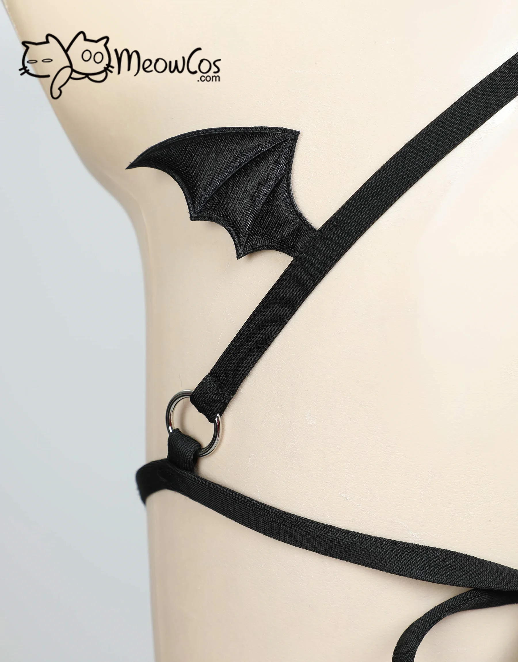 Meowcos Women's Gothic Bat Style Black Two-Piece Swimsuit Halter Lace-up Top and Low Waist Triangle Bottom Bathing Suit