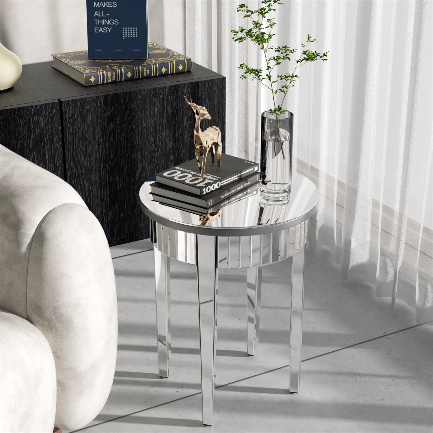 Mirrored Side End Table with Geometric Legs, Modern Furniture for Hallway, Living Room and Bedroom