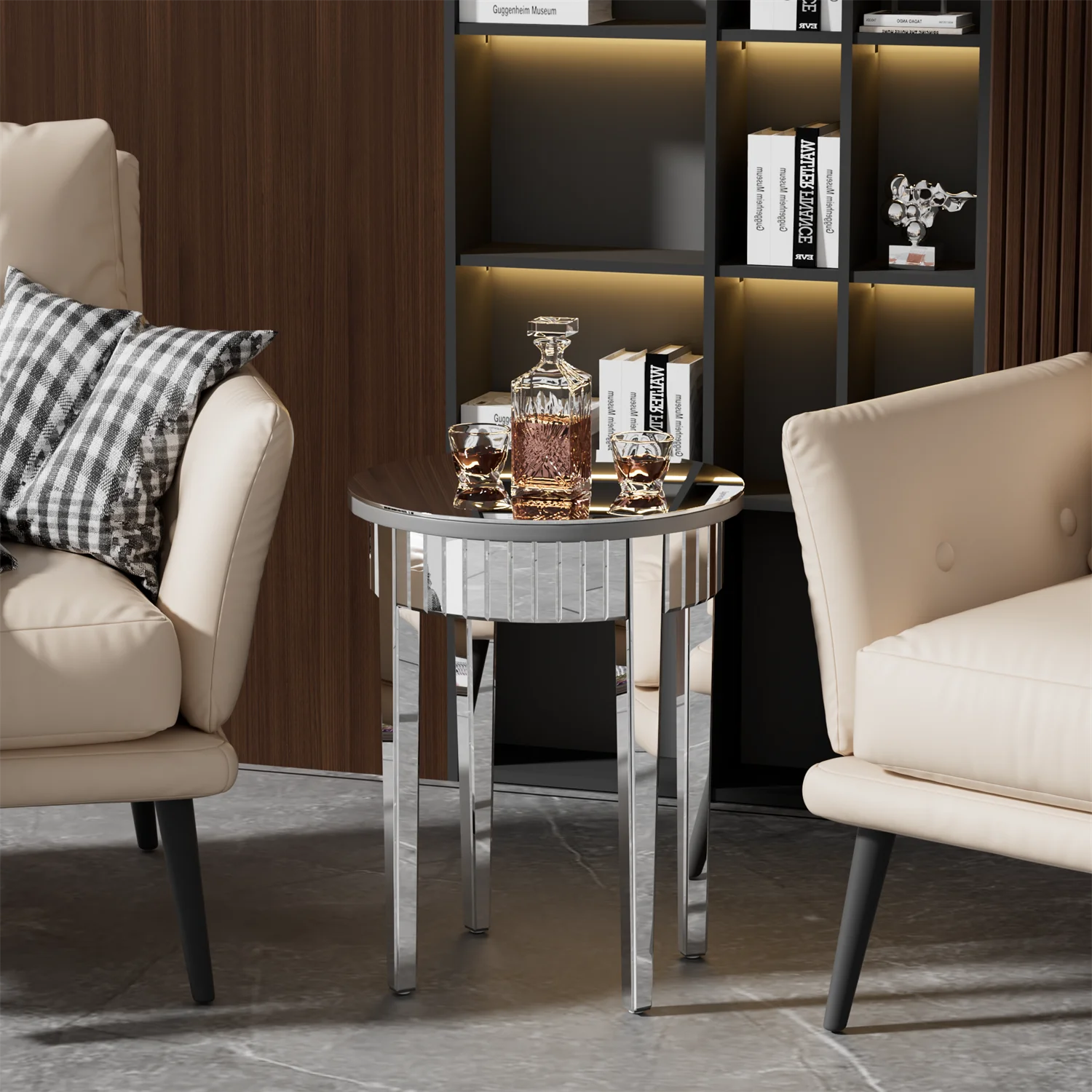 Mirrored Side End Table with Geometric Legs, Modern Furniture for Hallway, Living Room and Bedroom
