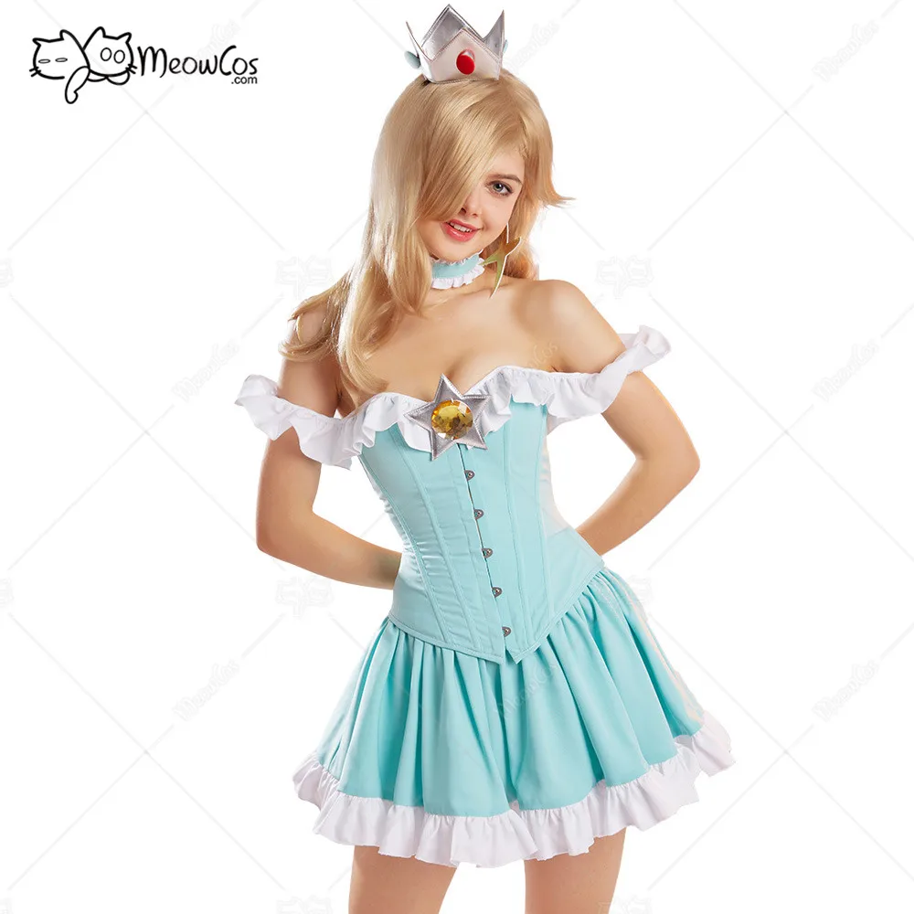 Meowcos Women Princess Style Dress Cosplsy Costume Ruffle Sexy Tube Top Tights Corset and Skirt Set with Crown and Earings