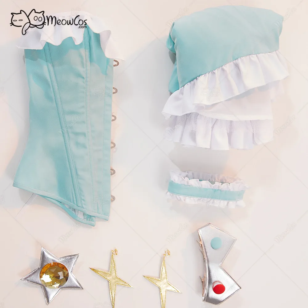 Meowcos Women Princess Style Dress Cosplsy Costume Ruffle Sexy Tube Top Tights Corset and Skirt Set with Crown and Earings