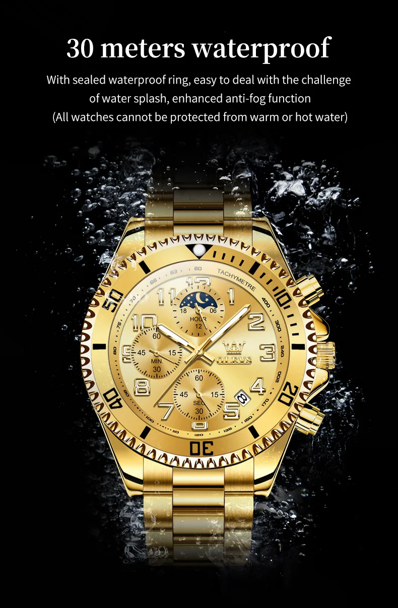 OLEVS 2926 Men's Watch Luxury Brand Gold Waterproof Calendar Moon Phase Chronograph Top Fashion Stainless Steel Men Quartz Watch