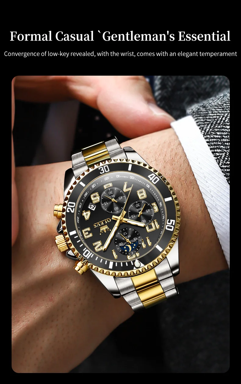 OLEVS 2926 Men's Watch Luxury Brand Gold Waterproof Calendar Moon Phase Chronograph Top Fashion Stainless Steel Men Quartz Watch