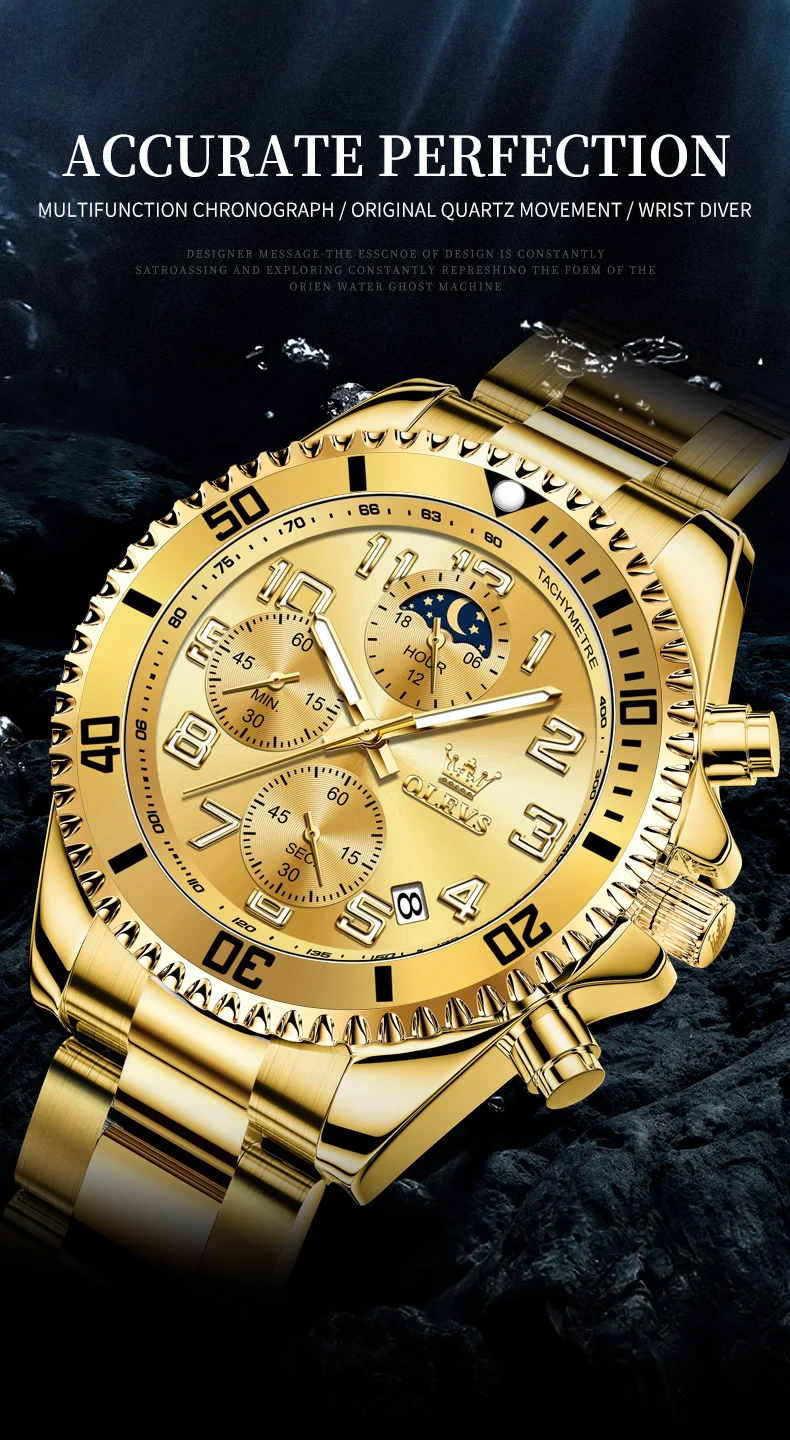 OLEVS 2926 Men's Watch Luxury Brand Gold Waterproof Calendar Moon Phase Chronograph Top Fashion Stainless Steel Men Quartz Watch