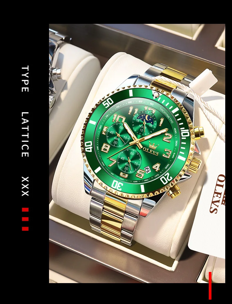 OLEVS 2926 Men's Watch Luxury Brand Gold Waterproof Calendar Moon Phase Chronograph Top Fashion Stainless Steel Men Quartz Watch