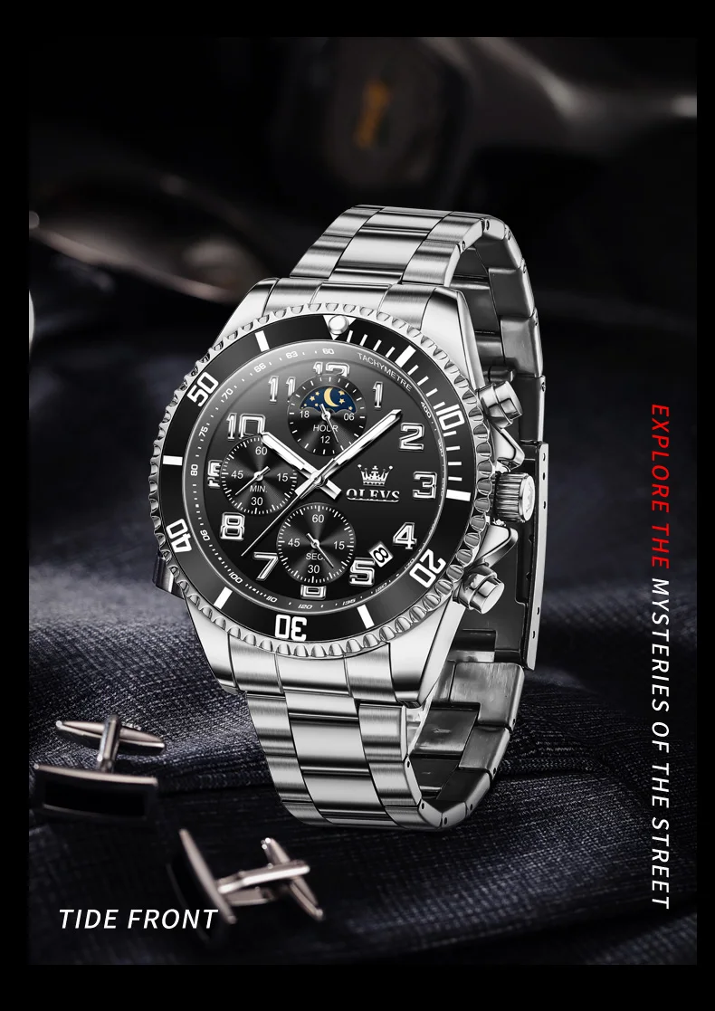 OLEVS 2926 Men's Watch Luxury Brand Gold Waterproof Calendar Moon Phase Chronograph Top Fashion Stainless Steel Men Quartz Watch