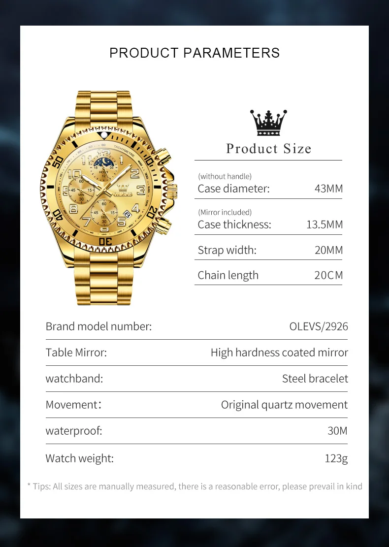 OLEVS 2926 Men's Watch Luxury Brand Gold Waterproof Calendar Moon Phase Chronograph Top Fashion Stainless Steel Men Quartz Watch