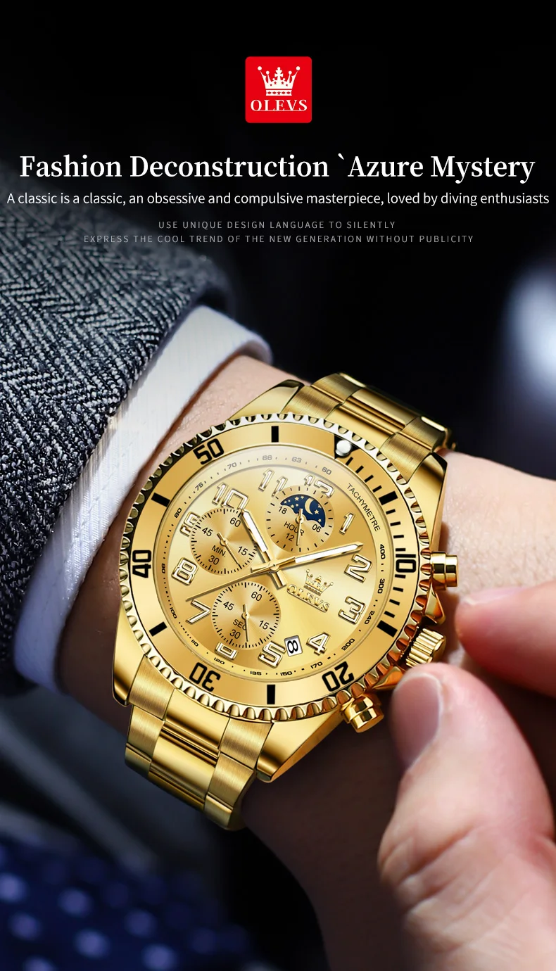 OLEVS 2926 Men's Watch Luxury Brand Gold Waterproof Calendar Moon Phase Chronograph Top Fashion Stainless Steel Men Quartz Watch