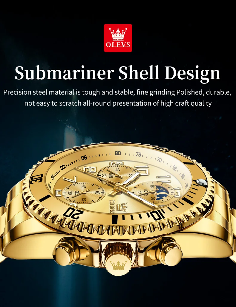 OLEVS 2926 Men's Watch Luxury Brand Gold Waterproof Calendar Moon Phase Chronograph Top Fashion Stainless Steel Men Quartz Watch