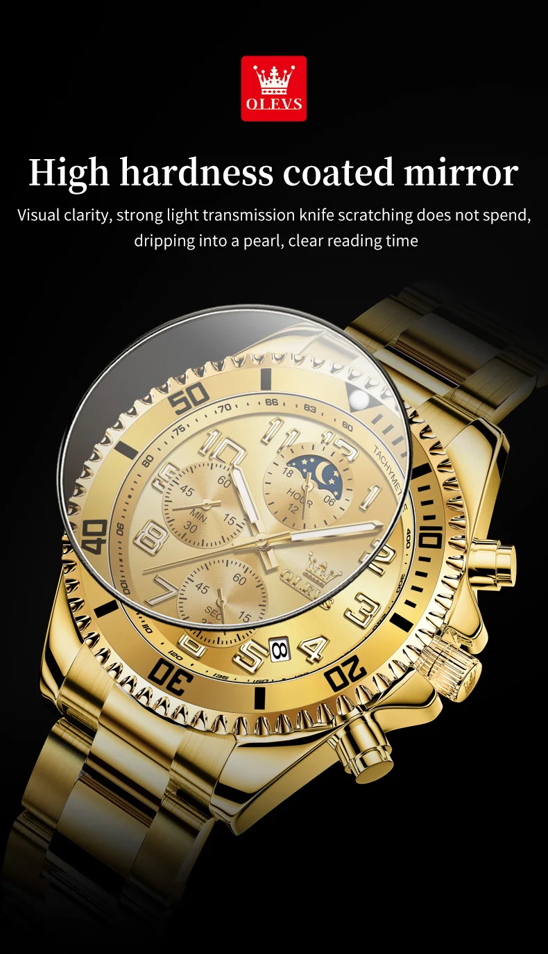 OLEVS 2926 Men's Watch Luxury Brand Gold Waterproof Calendar Moon Phase Chronograph Top Fashion Stainless Steel Men Quartz Watch