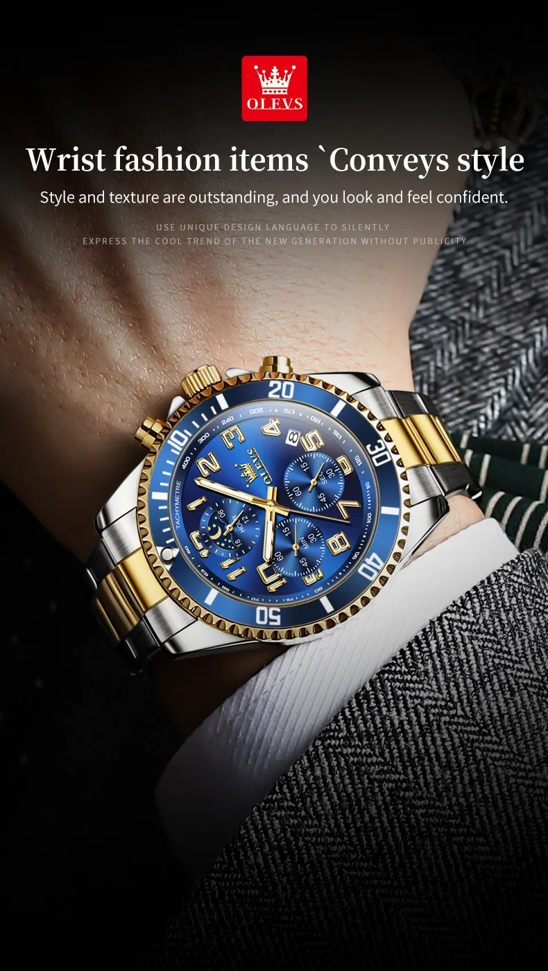 OLEVS 2926 Men's Watch Luxury Brand Gold Waterproof Calendar Moon Phase Chronograph Top Fashion Stainless Steel Men Quartz Watch