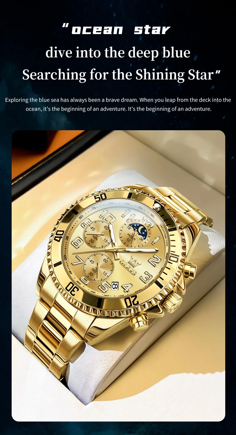 OLEVS 2926 Men's Watch Luxury Brand Gold Waterproof Calendar Moon Phase Chronograph Top Fashion Stainless Steel Men Quartz Watch