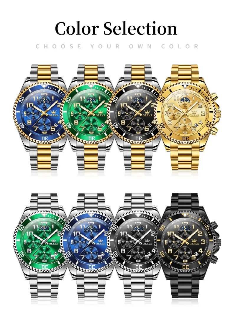 OLEVS 2926 Men's Watch Luxury Brand Gold Waterproof Calendar Moon Phase Chronograph Top Fashion Stainless Steel Men Quartz Watch