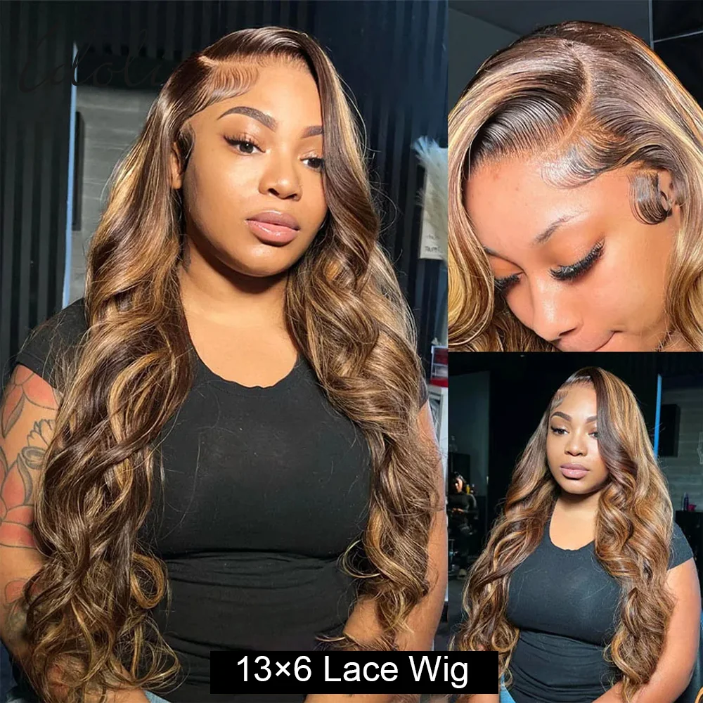 Highlight Ombre 13x6 Lace Front Wig Human Hair 28 Inch Body Wave Honey Blonde Glueless Transparent Lace Frontal Wigs for Women