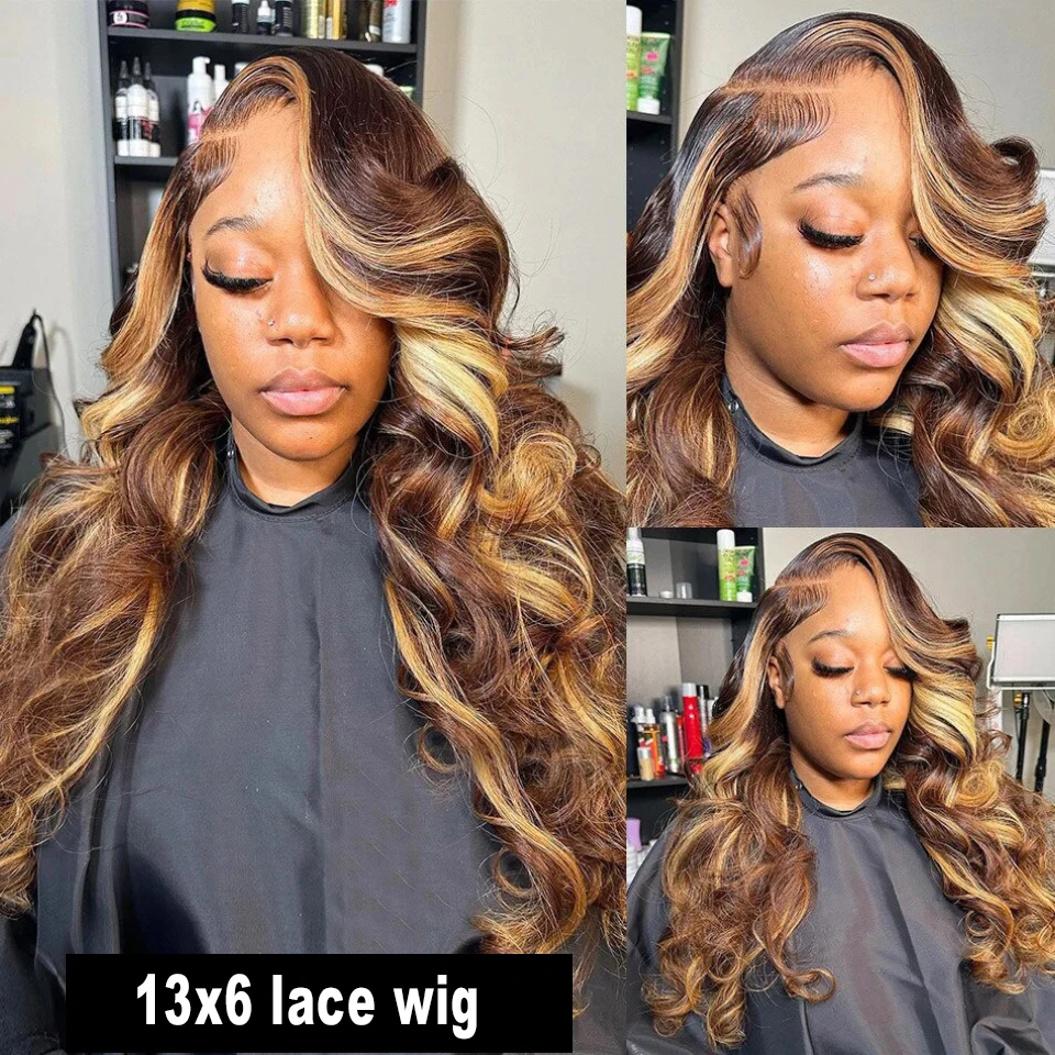 Highlight Ombre 13x6 Lace Front Wig Human Hair 28 Inch Body Wave Honey Blonde Glueless Transparent Lace Frontal Wigs for Women