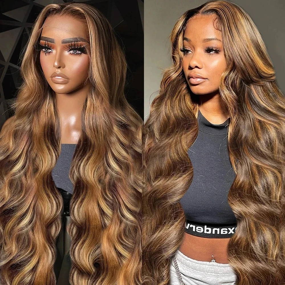 Highlight Ombre 13x6 Lace Front Wig Human Hair 28 Inch Body Wave Honey Blonde Glueless Transparent Lace Frontal Wigs for Women