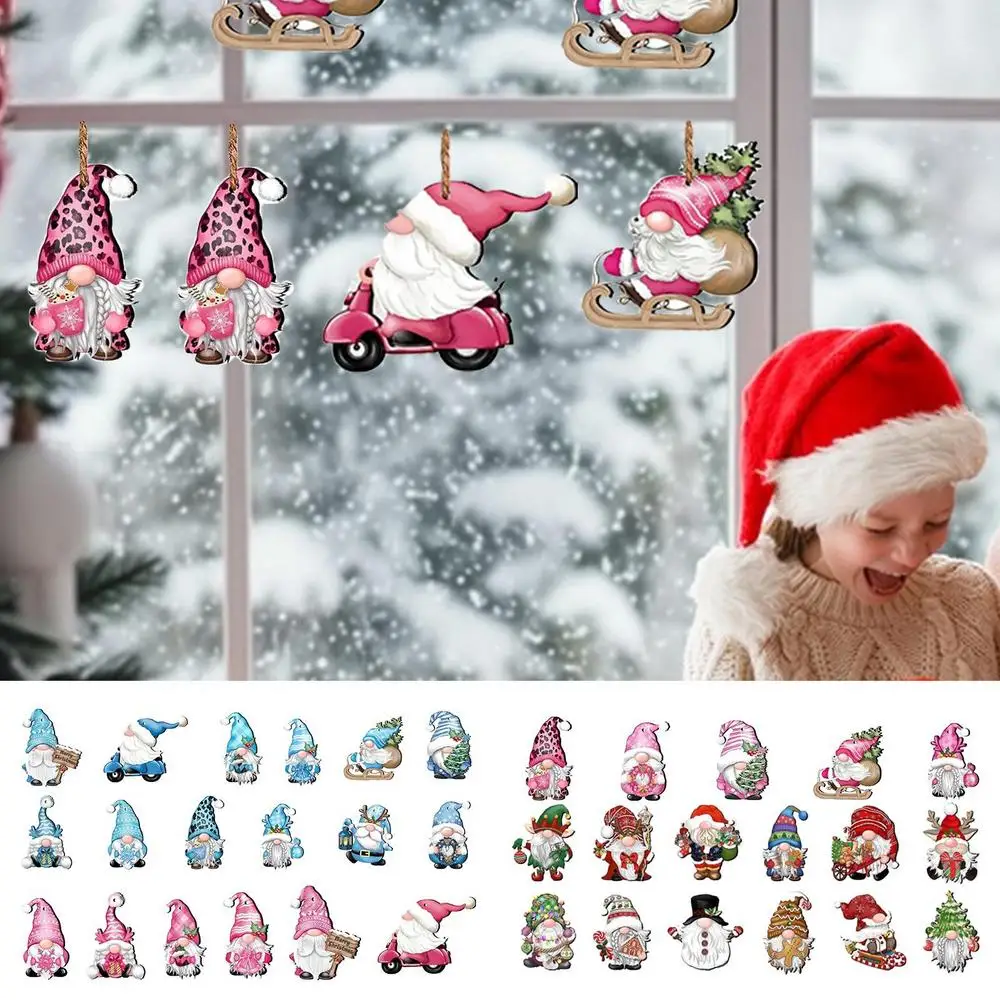 Santa Claus Wooden Ornaments 24X Dwarf Pendant Christmas Gnome Hangings Ornaments Santa Decor With Rope For Christmas Tree