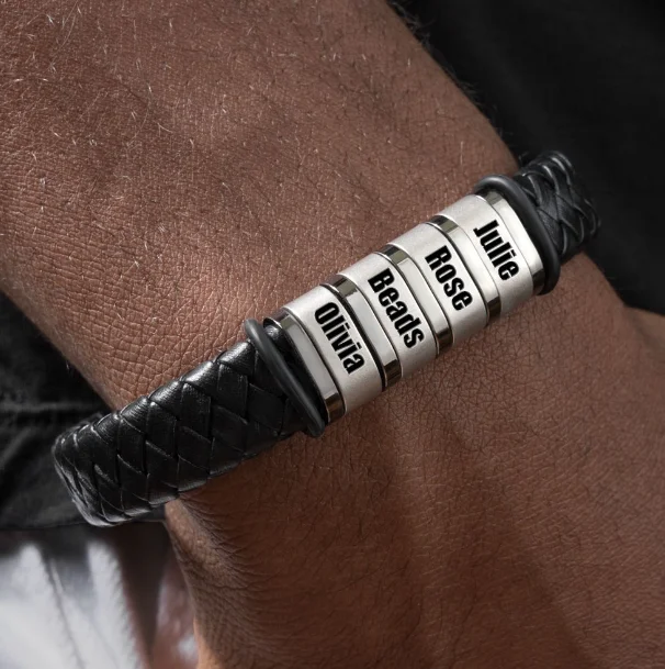 Personalized Mens Engraved Name Leather Bracelets Stainless Steel Custom Multi-Name Beads Jewelry Anniversary Gift for Husband