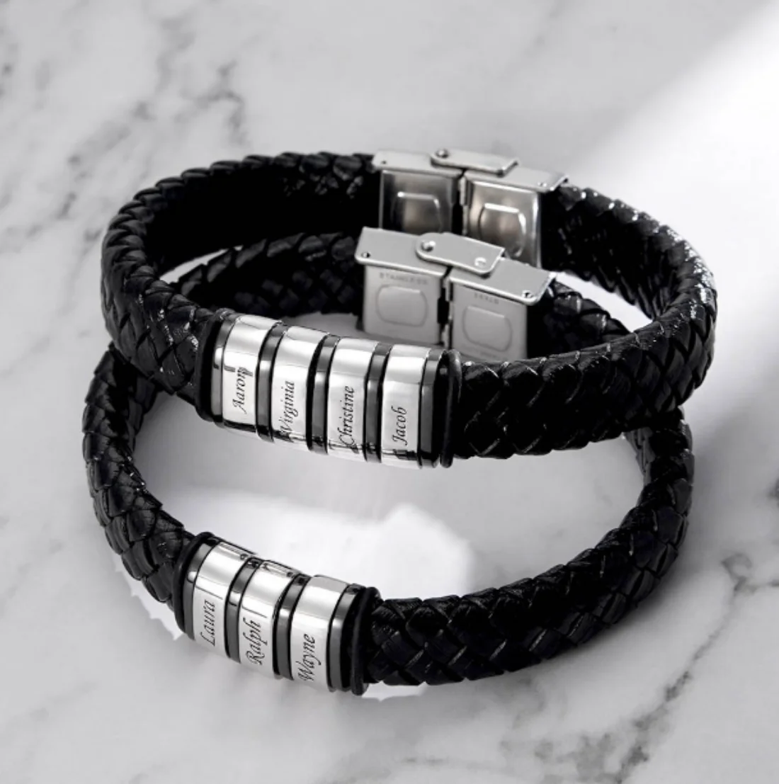 Personalized Mens Engraved Name Leather Bracelets Stainless Steel Custom Multi-Name Beads Jewelry Anniversary Gift for Husband