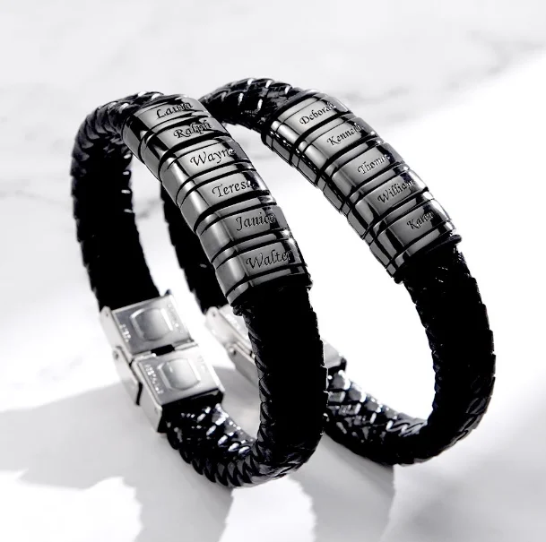 Personalized Mens Engraved Name Leather Bracelets Stainless Steel Custom Multi-Name Beads Jewelry Anniversary Gift for Husband
