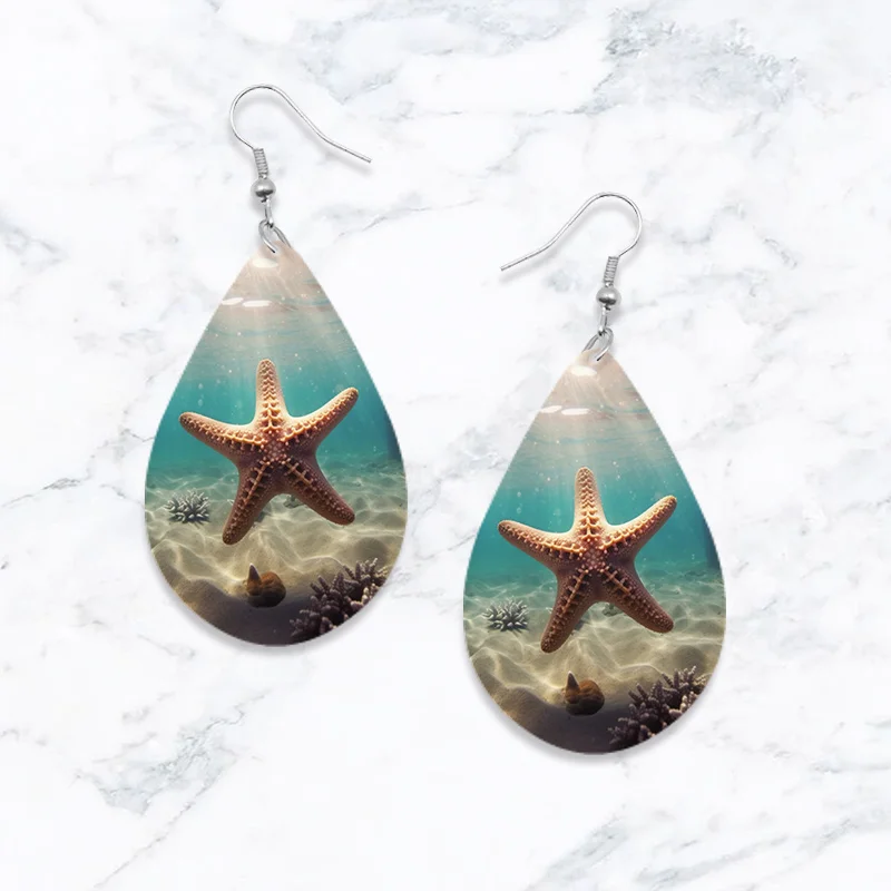 SOMESOOR Cute Sea Animal Print Wooden Teardrop Earrings Lovely Starfish Sea Turtle Seahorse Designs Ear Pendant Dangle Jewelry
