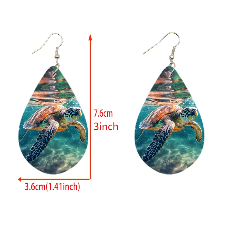 SOMESOOR Cute Sea Animal Print Wooden Teardrop Earrings Lovely Starfish Sea Turtle Seahorse Designs Ear Pendant Dangle Jewelry