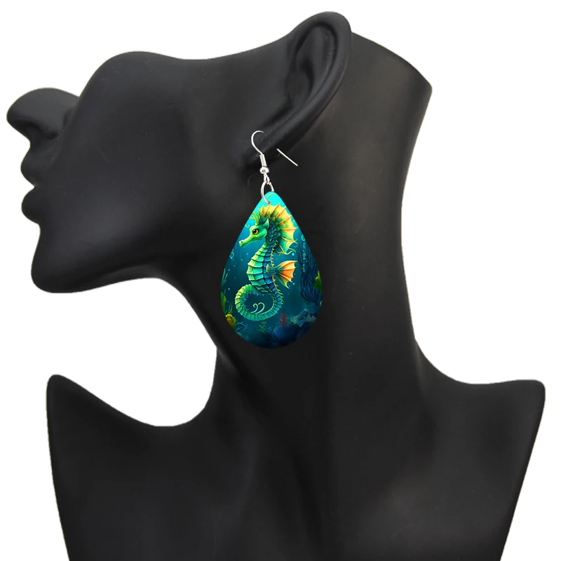 SOMESOOR Cute Sea Animal Print Wooden Teardrop Earrings Lovely Starfish Sea Turtle Seahorse Designs Ear Pendant Dangle Jewelry