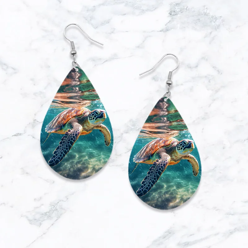 SOMESOOR Cute Sea Animal Print Wooden Teardrop Earrings Lovely Starfish Sea Turtle Seahorse Designs Ear Pendant Dangle Jewelry